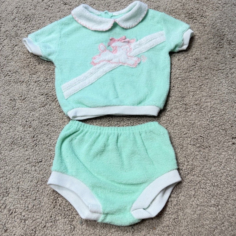 Montgomery Ward Sheep Outfit Baby Girl 9-12 Month Green Terrycloth 80s VTG
